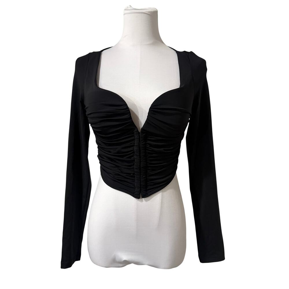 NWT Fashion Nova Gianna Corset Top Medium Black Ruched Long Sleeve Going Out